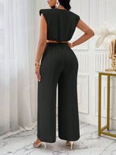 Women's Casual Solid Shoulder Pad Round Neck Cropped Top & Wide Leg Pants Set